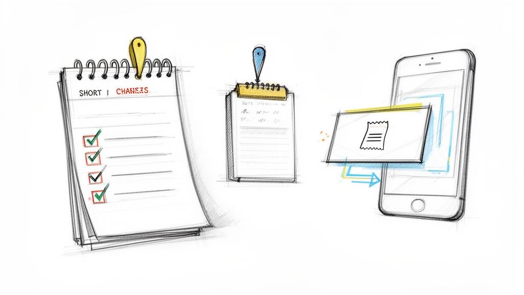 Håndtegnet billede, der viser en tjekliste, noter og en smartphone, der digitalt behandler udgifter og kvitteringer.