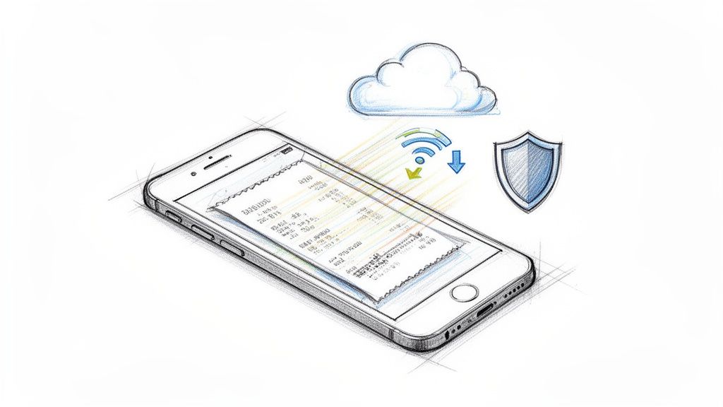 Digital udgiftsstyring koncept med smartphone, kvittering, cloud og sikkerhedsikonet.