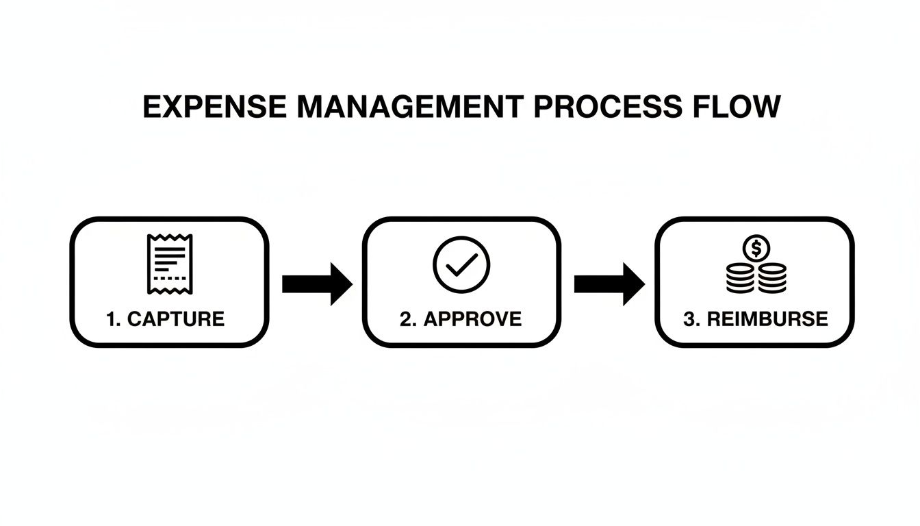 Et diagram, der illustrerer udgiftsstyringsprocessen: Registrering, Godkendelse og Refusion.