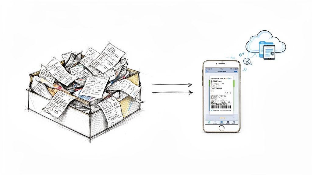 Boceto de recibos en papel en una caja que se transforman en recibos digitales en un smartphone y almacenamiento en la nube.