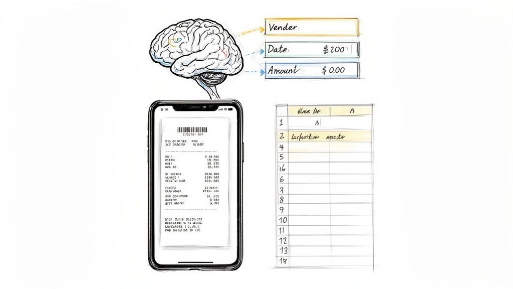 Un cerebro procesa un recibo desde un smartphone, extrayendo proveedor, fecha e importe para completar una hoja de cálculo digital.