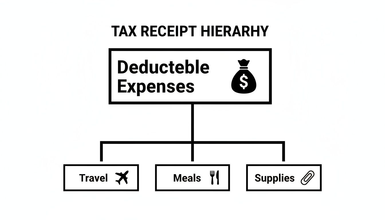 Gráfico jerárquico que ilustra las categorías de recibos fiscales: Gastos Deducibles, incluyendo Viajes, Comidas y Suministros.
